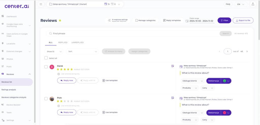 Sentiment analysis in Center AI.