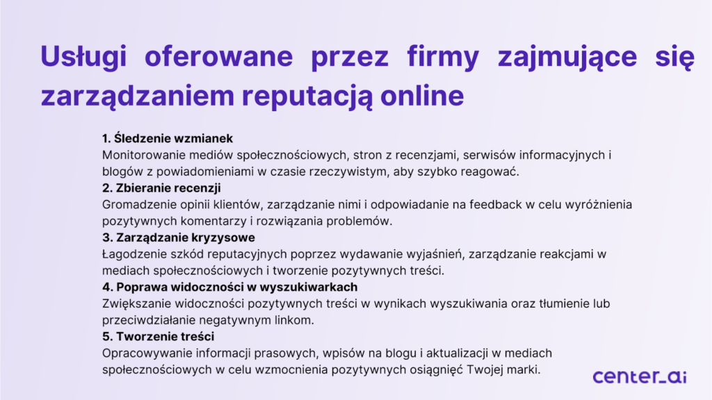 Usługi oferowane przez firmy zajmujące się zarządzaniem reputacją online.