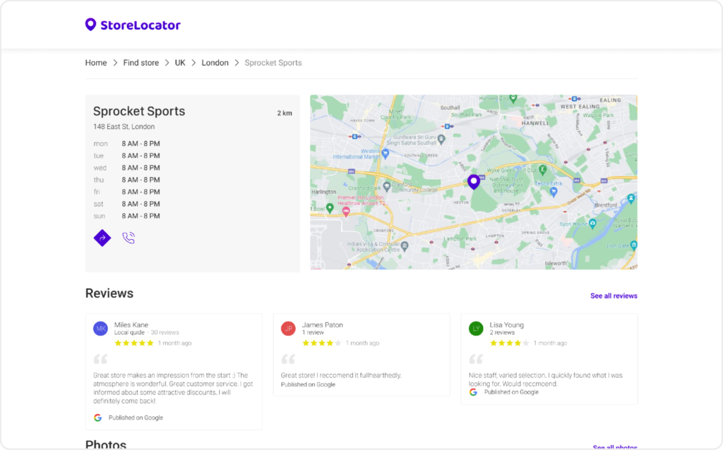 Showcase reviews and business information in Store Locator by Center AI