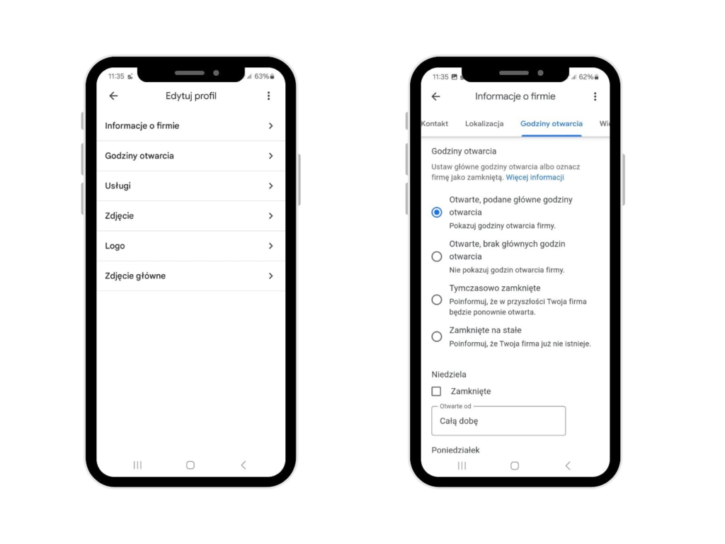 Dokładność godzin otwarcia w Profilu Firmy w Google. 