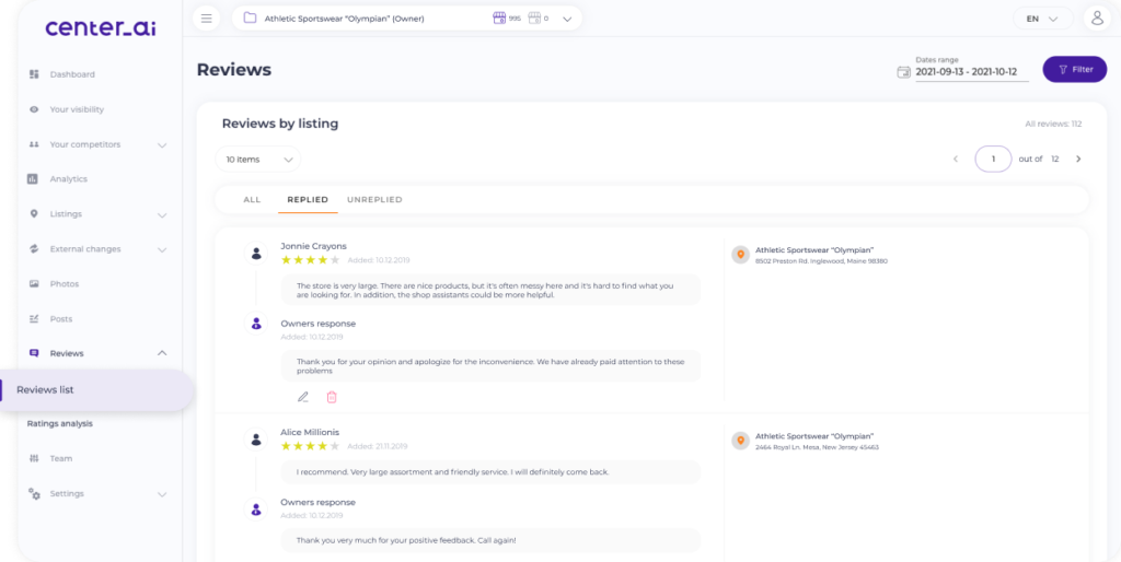 Review Response Manager in Center AI.